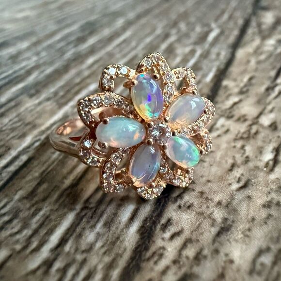 Australian Opal Rose Gold Plated Sterling Silver Flower Ring - Picture 4 of 8